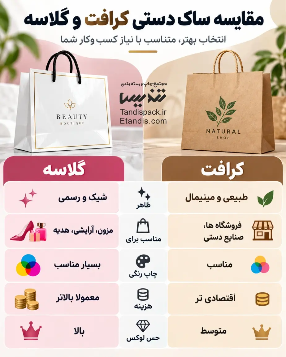 خدمات و مشخصات قیمت ساک دستی کاغذی آماده 12 مقایسه ساک دستی کرافت و گلاسه
